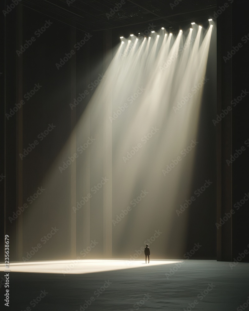 Poster a solitary figure stands in a vast, dark space illuminated by multiple beams of light, creating a dr