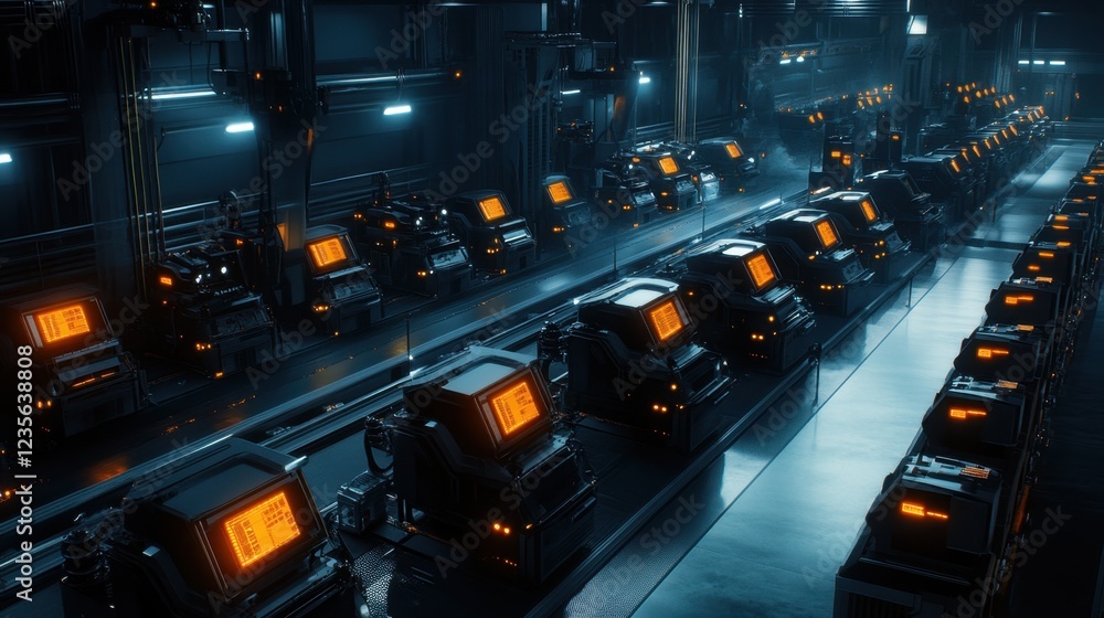 Poster high-speed ai-driven assembly of microprocessors in a cutting-edge electronics facility, top view.