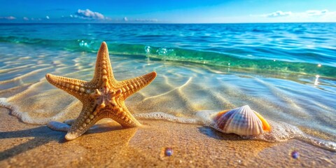 Ocean wave gently washing ashore near a starfish and seashell on a sandy beach