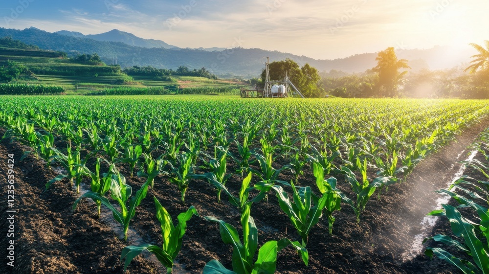 Poster rows of genetically modified corn fields with an advanced irrigation system, aerial view.