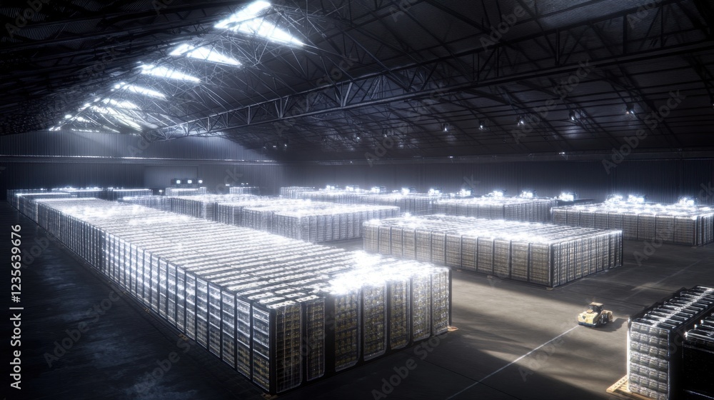 Poster top-down view of a high-tech electronics warehouse with smart inventory management.