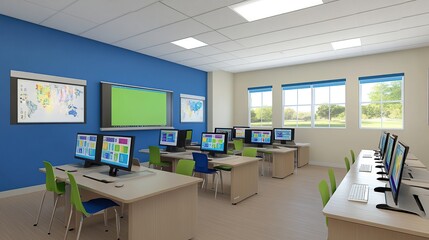 Modern school computer lab, bright classroom, learning technology, leafy view