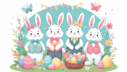Easter Bunny Crew, A group of cheerful Easter bunnies wearing colorful vests and bow ties, holding baskets filled with painted eggs. They are surrounded by flowers, butterflies 