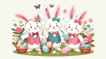 Easter Bunny Crew, A group of cheerful Easter bunnies wearing colorful vests and bow ties, holding baskets filled with painted eggs. They are surrounded by flowers, butterflies 