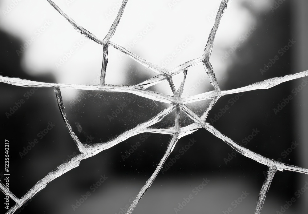 Poster close up view of a shattered mirror reflecting a blurred background in monochrome. the cracks form a