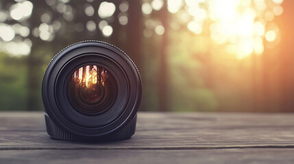 Camera lens on wooden table, reflecting forest sunset.