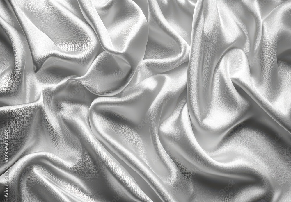 Poster close up view of luxurious, silver fabric with soft, flowing folds and wrinkles. the texture is smoo