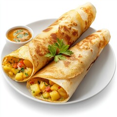 Delicious Golden Potato Rolls Served with Spicy Sauce and Fresh Cilantro on a White Plate
