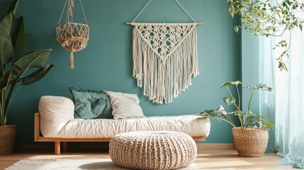 Cozy Living Room with Bohemian Decor and Green Wall Accent
