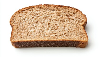 Single slice of brown bread with visible texture and slight crust, set against a clean white background. The bread appears freshly baked and shows a