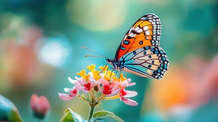 Obraz premium Colorful Butterfly Feeding on Bright Flower in Vibrant Garden Scene