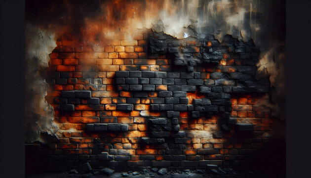 Background texture An old wall with dark orange and blackened bricks, some of which are scorched or cracked, with morta4