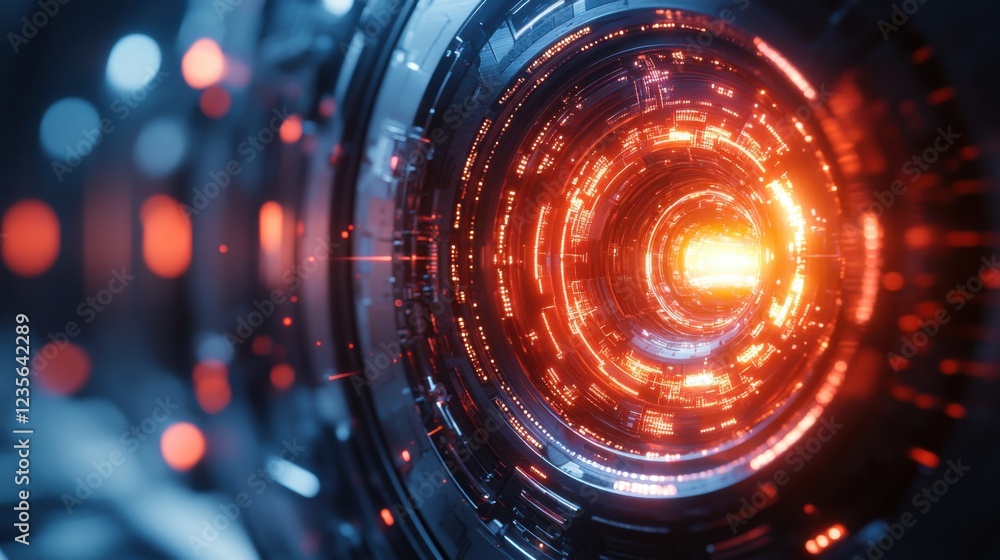 Poster futuristic close-up of a glowing circular device with intricate details and vibrant colors
