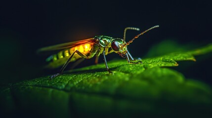 Fototapeta premium Close-up of Glowing Insect on Leaf at Night in Nature's Environment