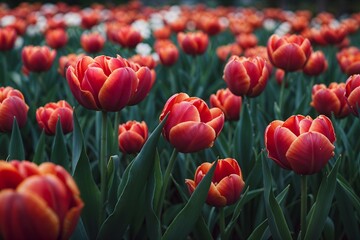 Fototapeta premium Field of Red Tulips and White Flowers, Vibrant Botanical Landscape Background