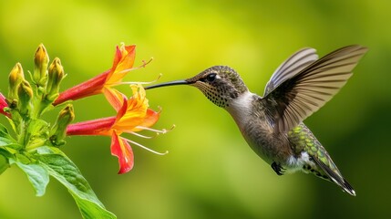 Naklejka premium Hummingbird in Flight Drinking Nectar from Vibrant Flower Blossom