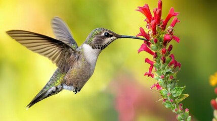 Naklejka premium Hummingbird Feeding on Vibrant Flowers in Soft Focus Background