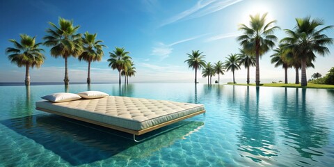Obraz premium Serene Floating Bed in a Luxurious Infinity Pool Surrounded by Lush Palm Trees Under a Sunny Sky