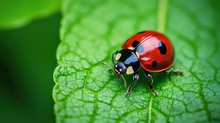 Fototapeta premium Close-Up of a Bright Ladybug Resting on a Green Leaf Surface