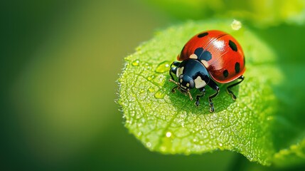 Naklejka premium Macro View of a Ladybug Resting on a Dewy Green Leaf