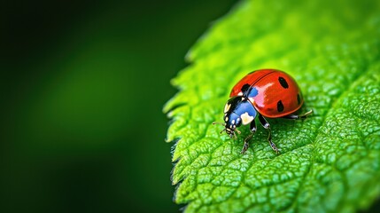 Obraz premium Close-Up View of Vibrant Ladybug on Green Leaf in Nature