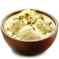 Creamy Indian Dessert Dish with Rice Dumplings Topped with Chopped Pistachios in a Traditional Bowl