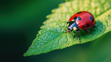 Close-up of a Vibrant Ladybug on a Green Leaf in Nature
