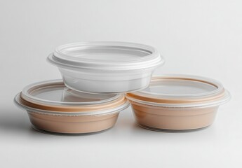 Three small, round plastic containers with clear lids, two beige and one white, are stacked on a white background. The containers appear to be for