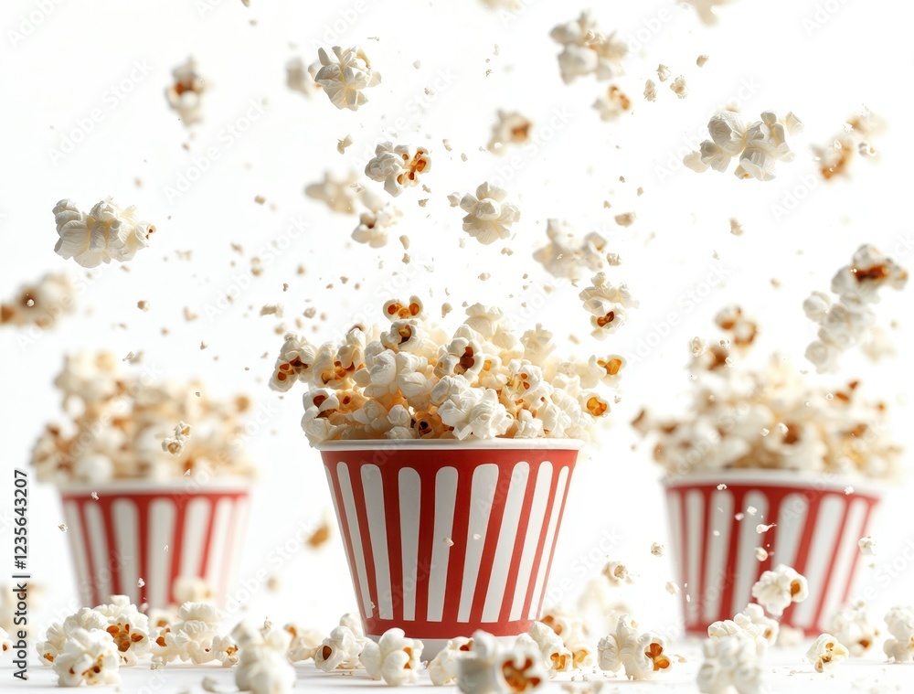Poster popcorn kernels exploding from striped containers against a white background. the image shows motion