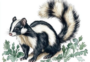 Fototapeta premium Detailed illustration of a skunk, black and white fur with distinctive stripes, bushy tail, standing among green foliage. Watercolor style