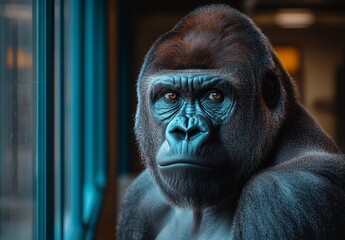 Obraz premium Close up portrait of a large male gorilla, subtly illuminated, showcasing its powerful features and intense gaze. The gorilla's dark fur is speckled