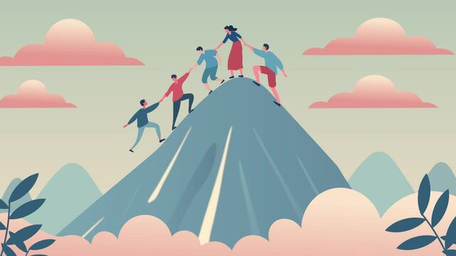 People helping each other on a mountain peak. Climbing Together and The Power of Teamwork Concept Animation. individuals unity and collaboration. pull others up, Flat design