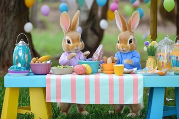 Cute rabbits celebrating Easter at a festive outdoor table.