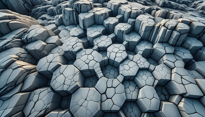 Fototapeta premium Background texture A rocky surface featuring hexagonal crack patterns, creating a honeycomb-like design The rock is pre2