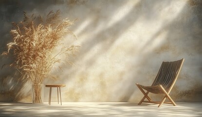 A wooden chair and small side table are in a sunlit room with a textured wall and tall dried plant. Warm, neutral tones create a peaceful atmosphere