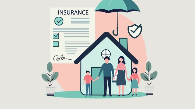 Family Insurance and Protecting Home and Loved Ones Concept. Flat design of 4 member family with house, insurance document and shield protection icon. copy space