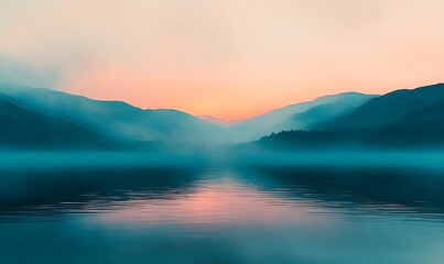 Fototapeta premium Serene sunrise over misty mountain lake; calming nature scene for relaxation or travel websites
