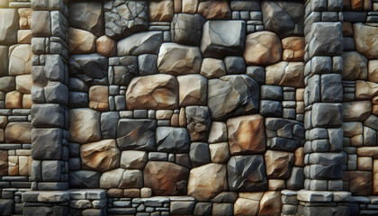 Background texture A medieval-style stone wall built with large, rough-hewn stones in earthy tones of brown and gray, w2