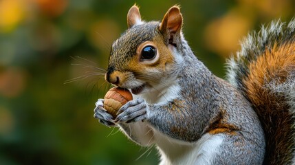 Naklejka premium Cute Squirrel Holding Nut in Nature with Vibrant Background