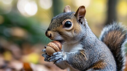 Fototapeta premium Squirrel Holding Acorn in Forest with Autumn Leaves Background
