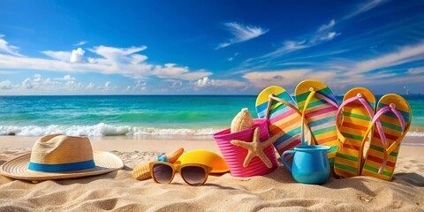 Summer Vacation Essentials on Sandy Beach Under Bright Sun