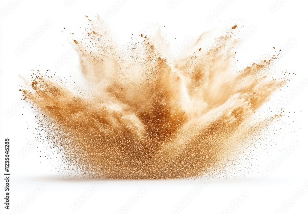 Poster tan sand exploding against a bright white background, creating a dynamic and textured effect. the sa