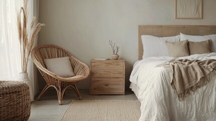 Cozy and Serene Bedroom Interior with Natural Textures and Tones