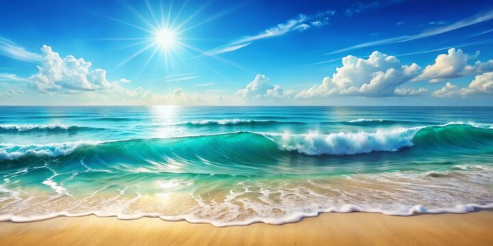 Ocean waves rolling onto a sunny beach shore with vibrant turquoise water and fluffy white clouds