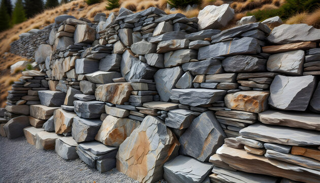 Background texture A dry-stone retaining wall constructed with jagged, large boulders in varying shades of gray and bro3