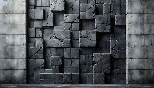Background texture A concrete block wall composed of dark gray and black blocks, with prominent cracks running through 4