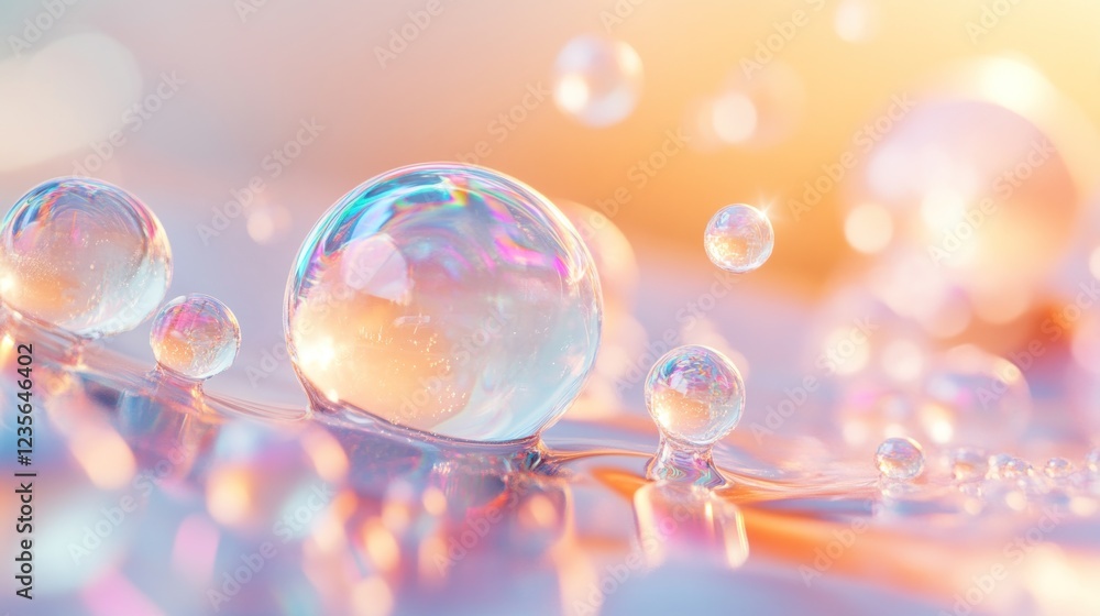 Poster iridescent bubbles float on pastel surface, background bokeh