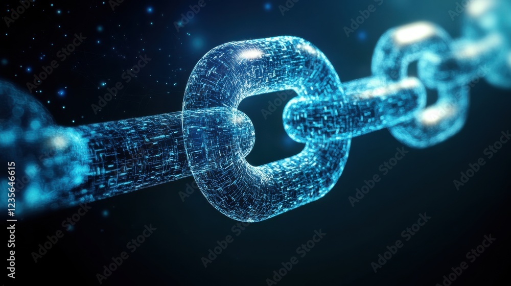 Poster futuristic digital chain link representing blockchain technology in a dark background