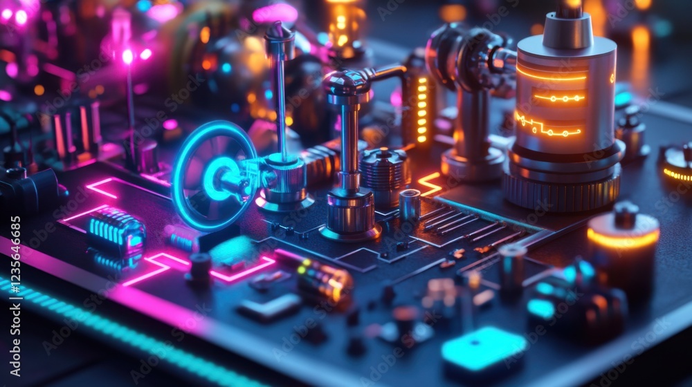 Poster futuristic circuit board with glowing components and neon lights in a high-tech environment