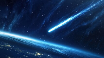 Fototapeta premium A comet streaks through space above Earth, showcasing the beauty of the cosmos.